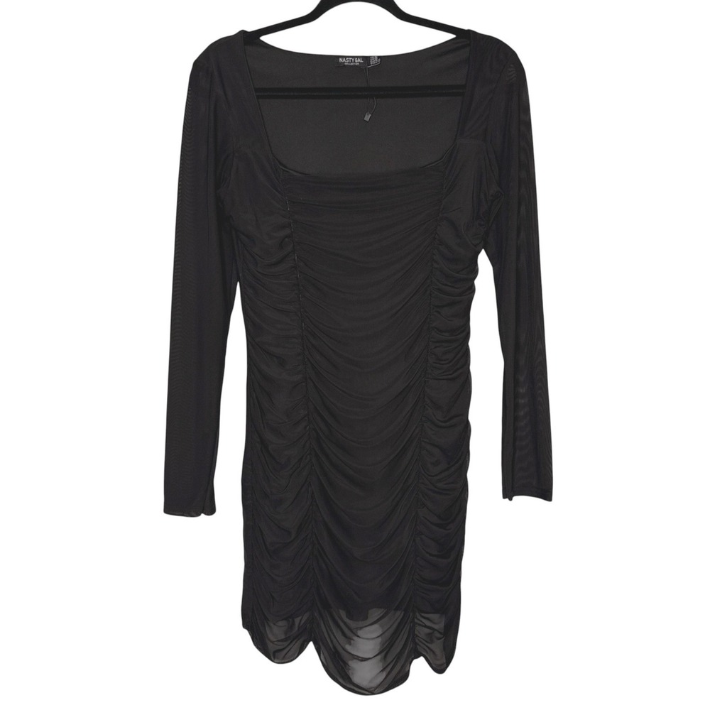 Nasty Gal Black Ruched Sheer Long-Sleeve Bodycon Dress Size Large (12)